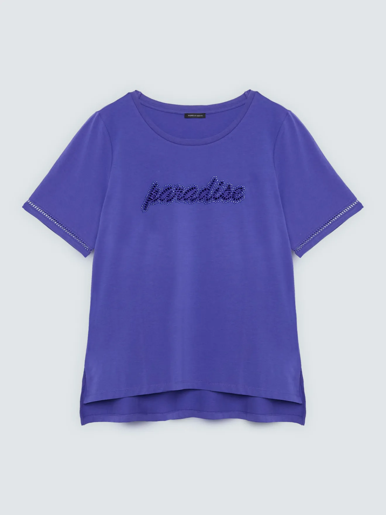 T-shirt in cotone con scritta in paillettes
