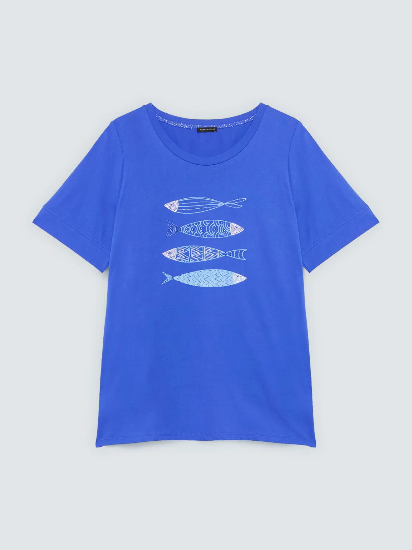 T-shirt in cotone con stampa e perline