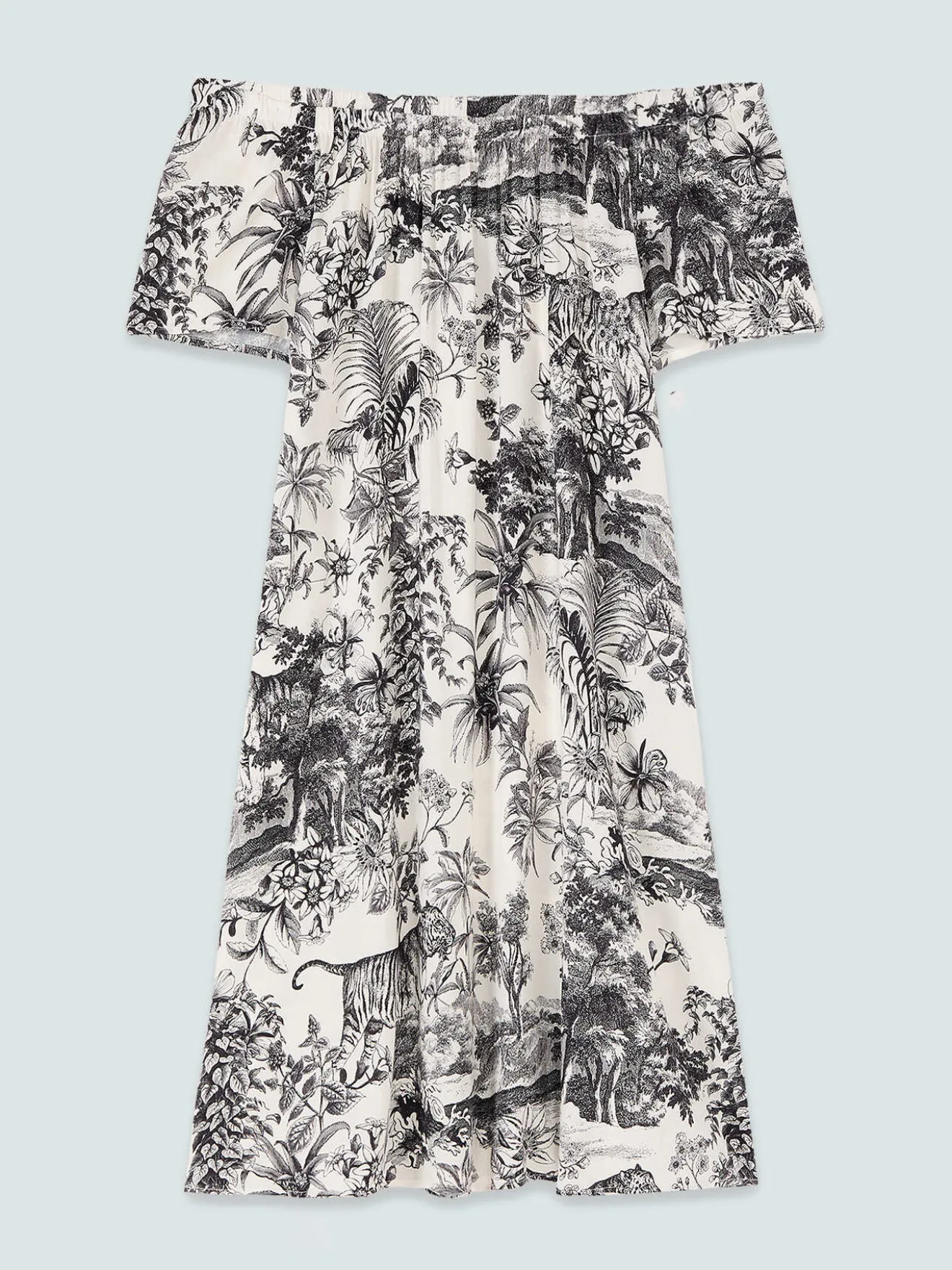 Vestito off-shoulder con stampa esotica